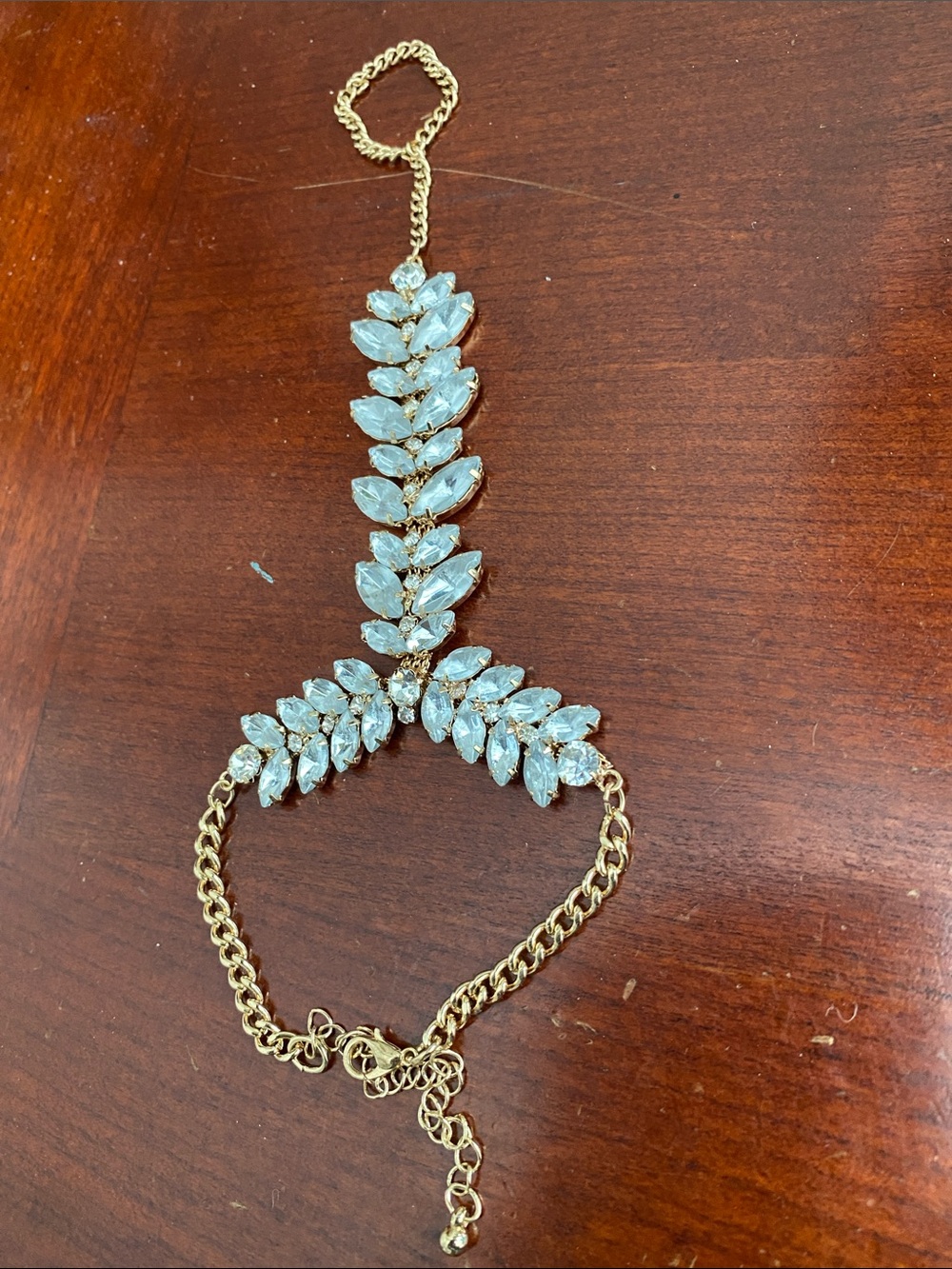 Gold and Light Blue Crystal Hand Chain Bracelet